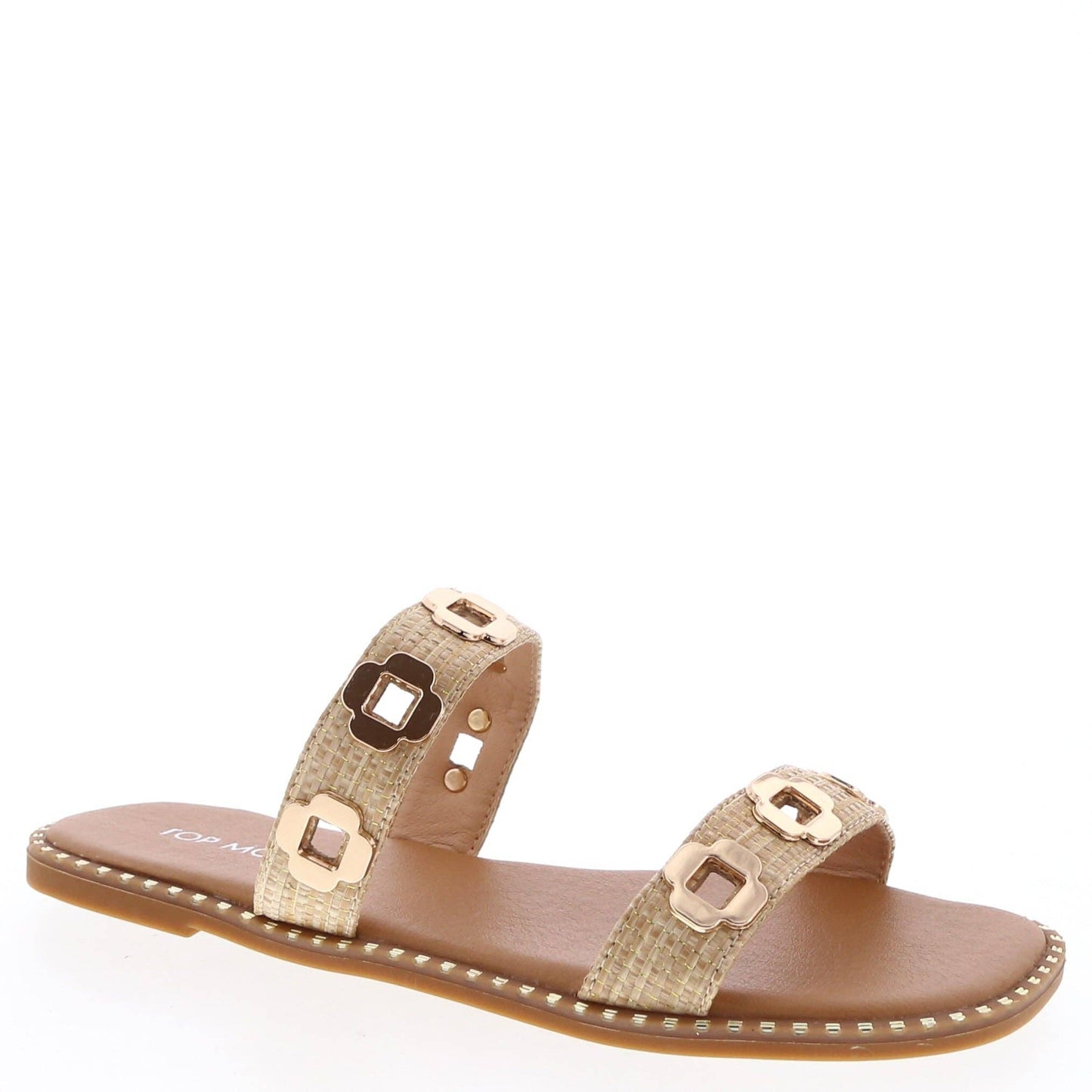 Top Moda CLEO-1 Women Metal Studded Dual Strap Flat Sandals: BEIGE RAFFIA / G18-5.5(1)-6(2)-6.5(2)-7(3)-7.5(3)-8(2)-8.5(2)-9(2)-10(1)