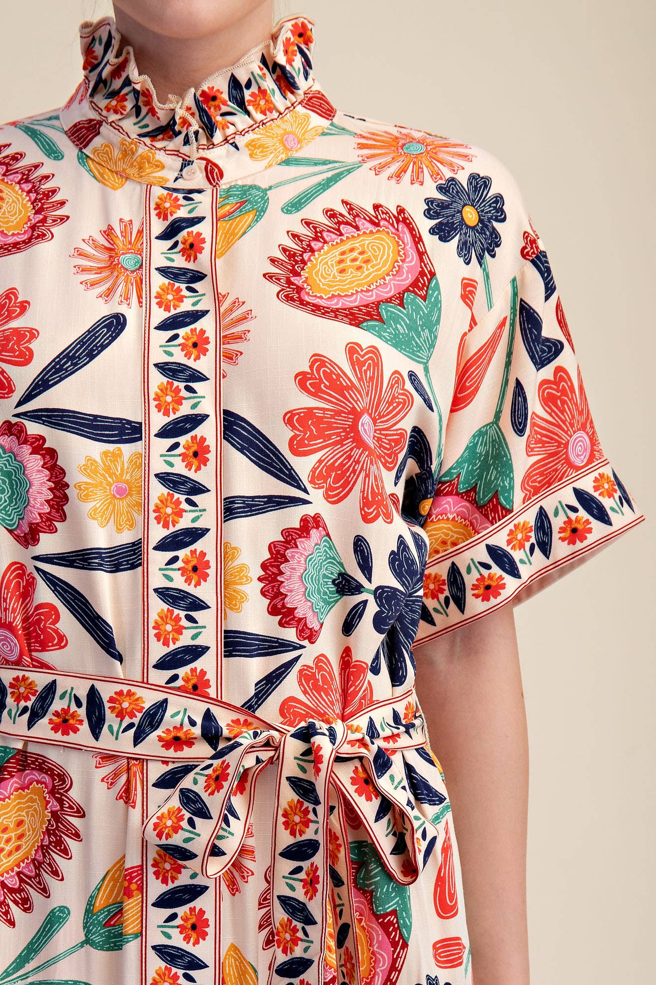Waist Tie Belt Collar Neck Button-Up Shirts Floral Midi Dres: Coral / L