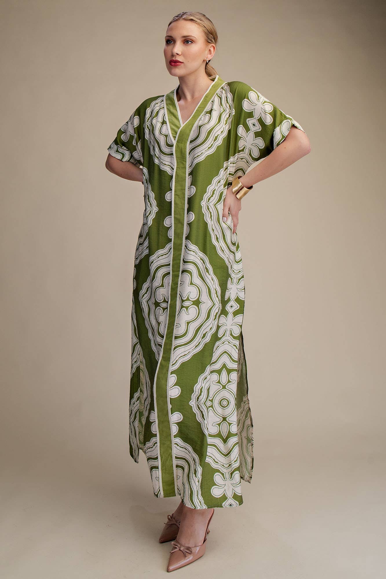 V-Neck Short Sleeve Maxi Print Dress: Blue / S