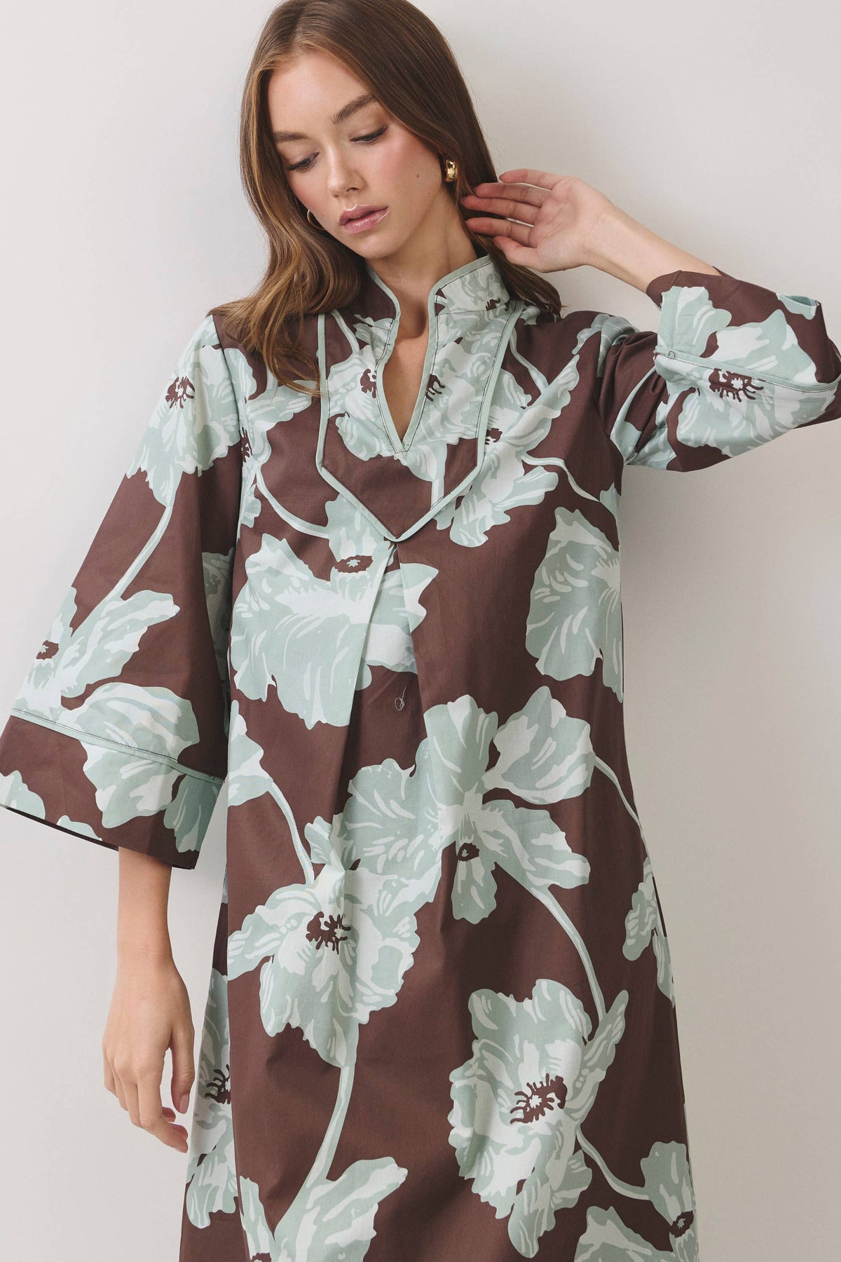 CD07560-Floral Print Caftan Maxi Dress: Chocolate / L