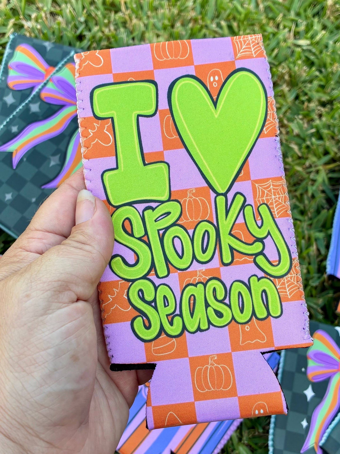 I love spooky season checkered print koozies for Halloween : Slims
