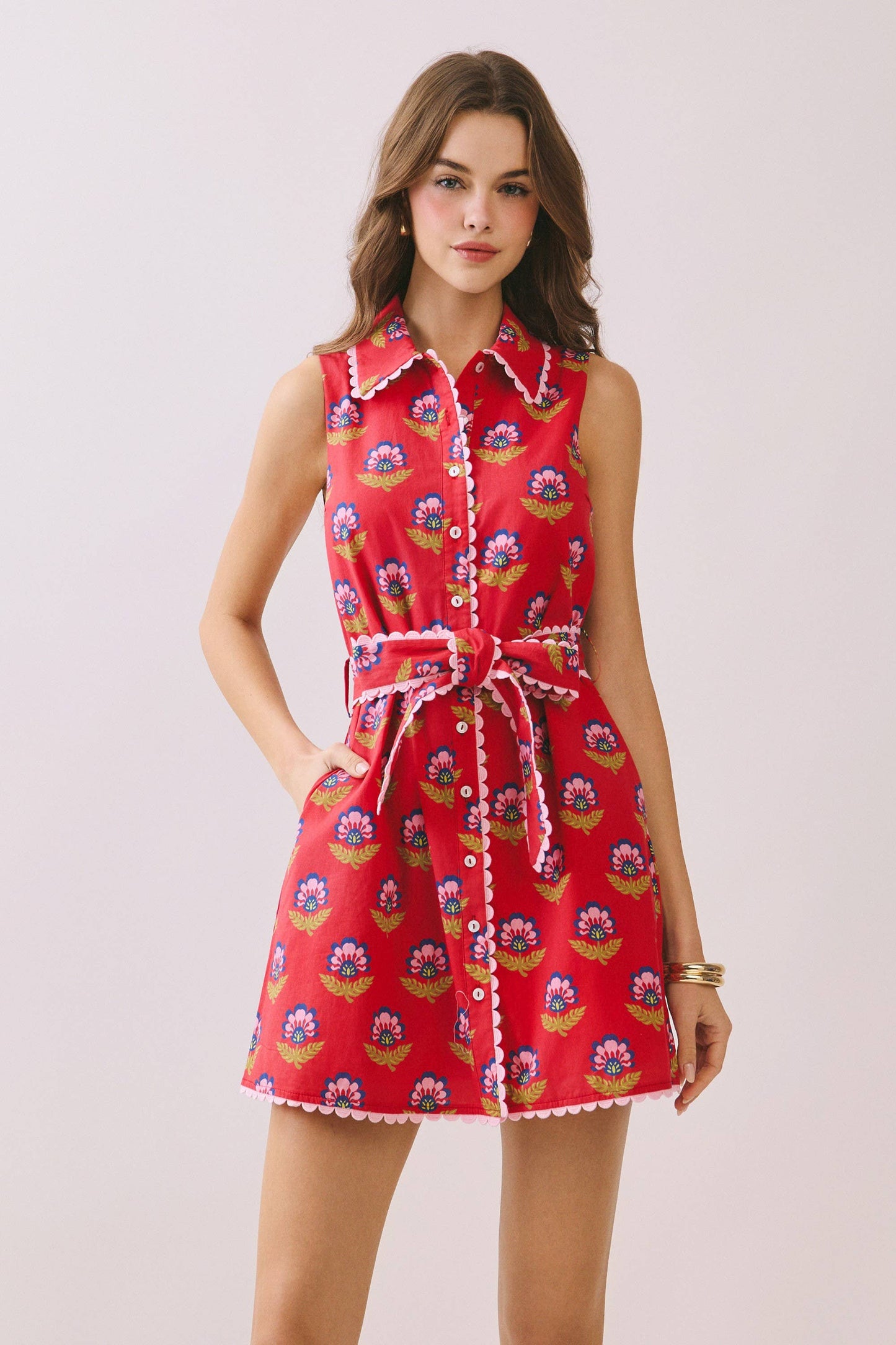 CD06056-Floral Print Contrast Scalloped Trim Detail Dress: Blue / L