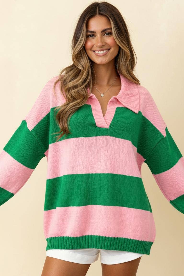 Collared Stripe Color Block Sweater Knit Top: PINK/GREEN / 2-2-2(S-M-L)