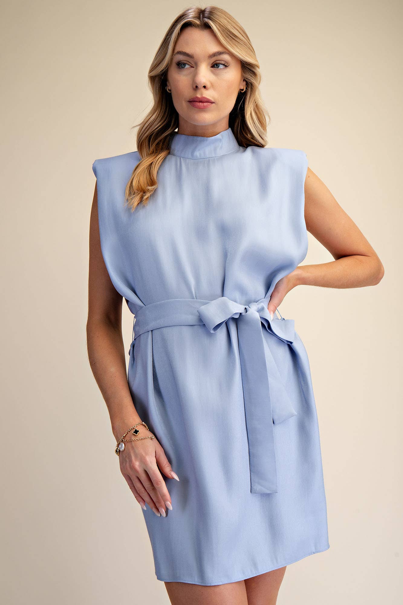 Mock Neck Shoulder Padded Waist Tie Mini Satin Dress: Fuchsia / M