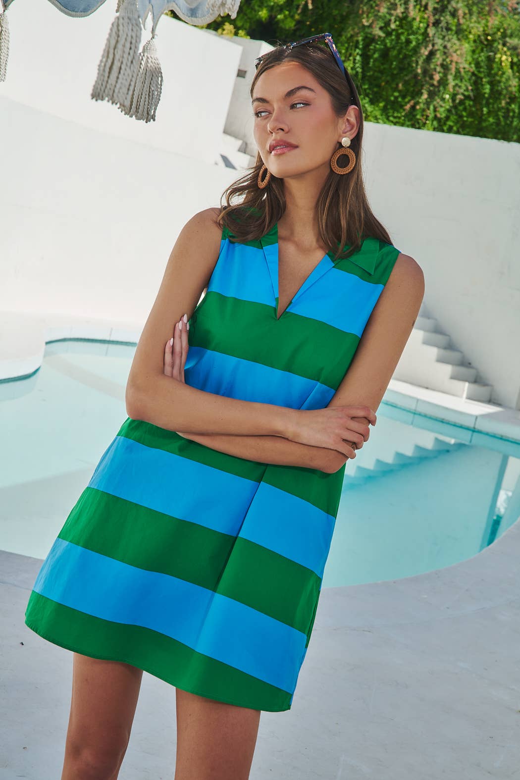 Valdy Striped Lexya Collared Shift Mini Dress: BLUE-GRN-STRIPE / XS