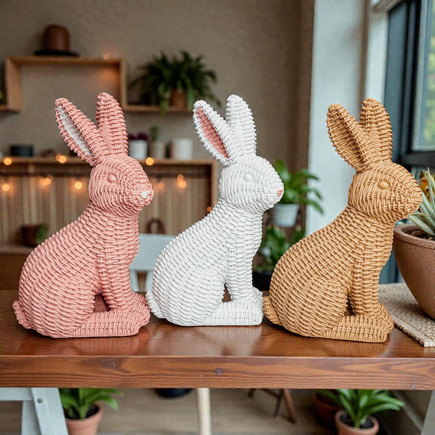 Rabbit Statue Wicker Weave Bunnies, Easter Bunny Home Decor: Brown