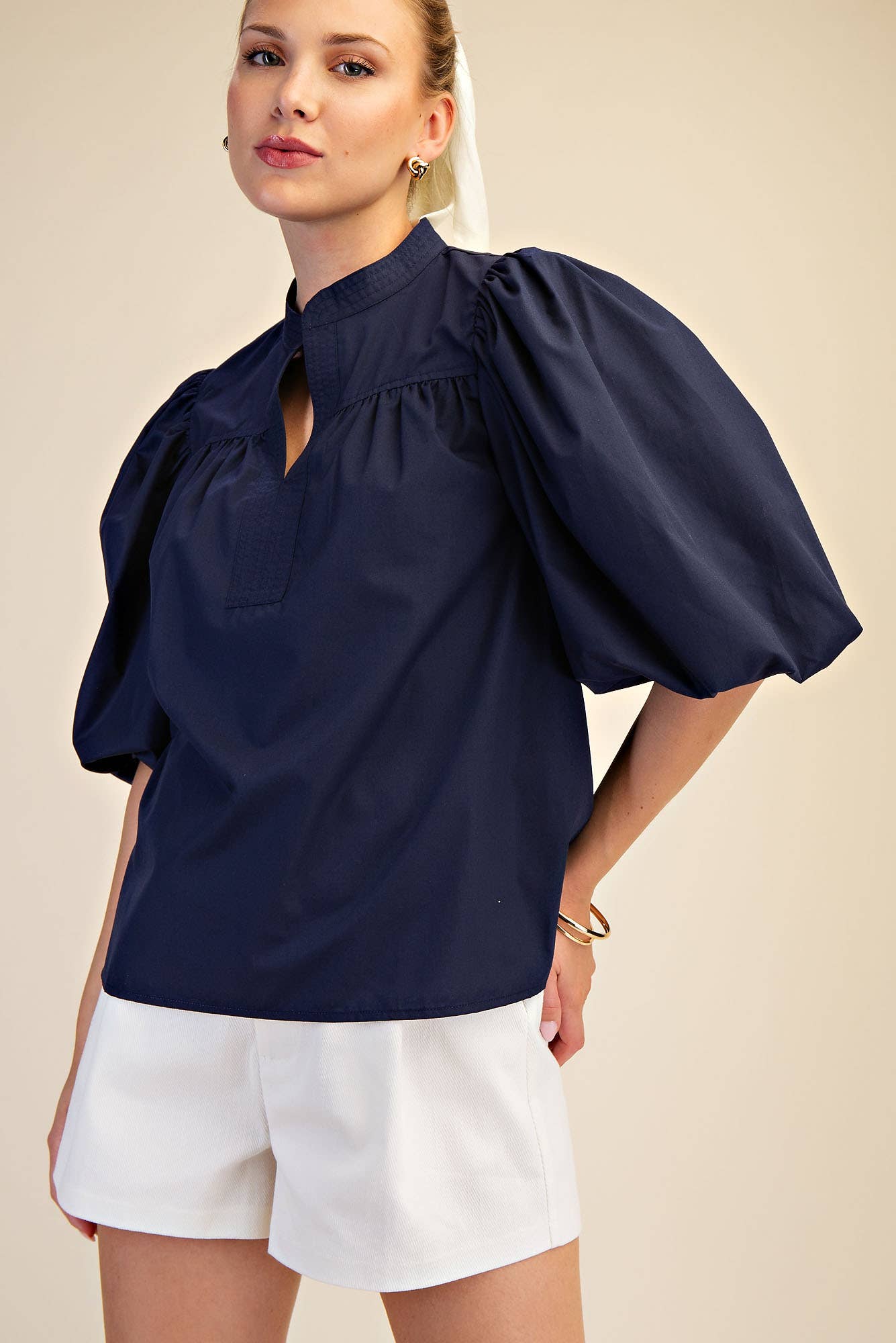 China Collar V-Neck Bubble Sleeve Poplin Top: Red / S