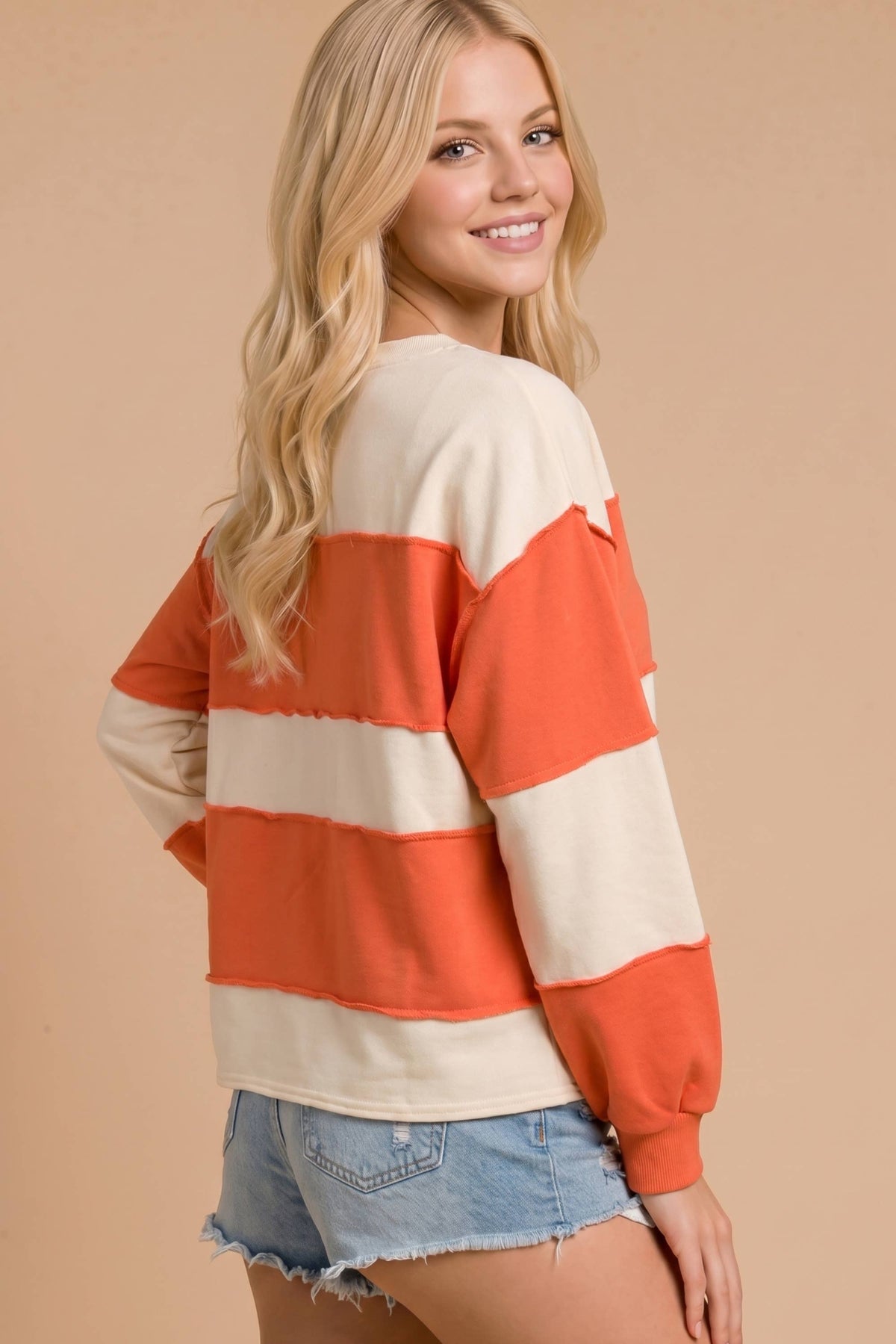 Pumpkin Appliqué Color Block Pullover: BURNT ORANGE/CREAM / S-M-L (2-2-2)