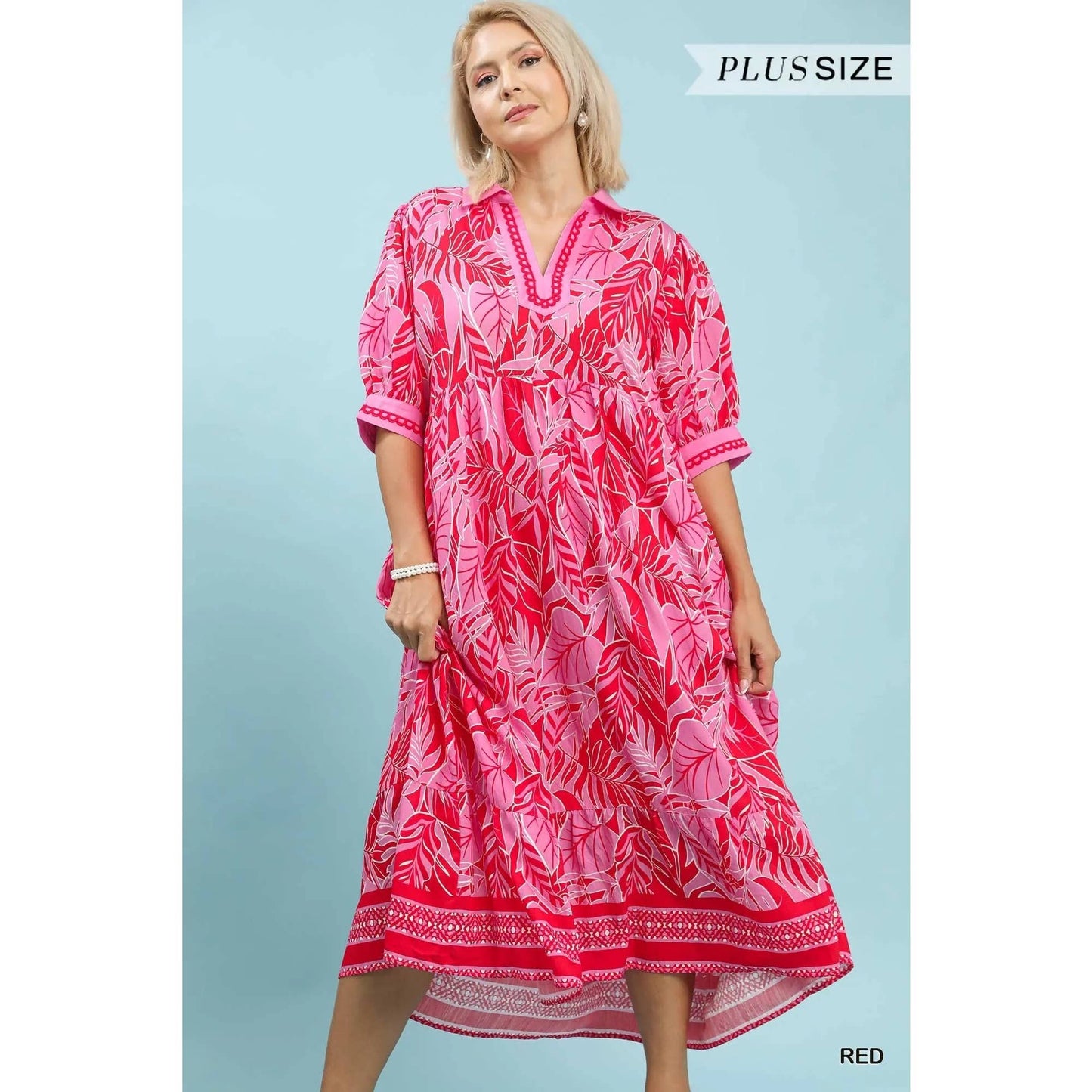 PLUS Leafy Border Print V-Neck Midi Dress : BLUE / 2X