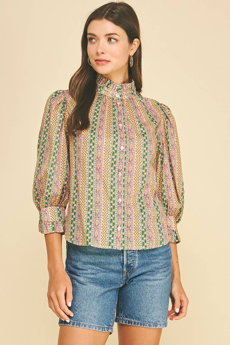 FLORAL BOTANICAL PRINT BUTTON DOWN BLOUSE - 7450T: GREEN MULTI / S