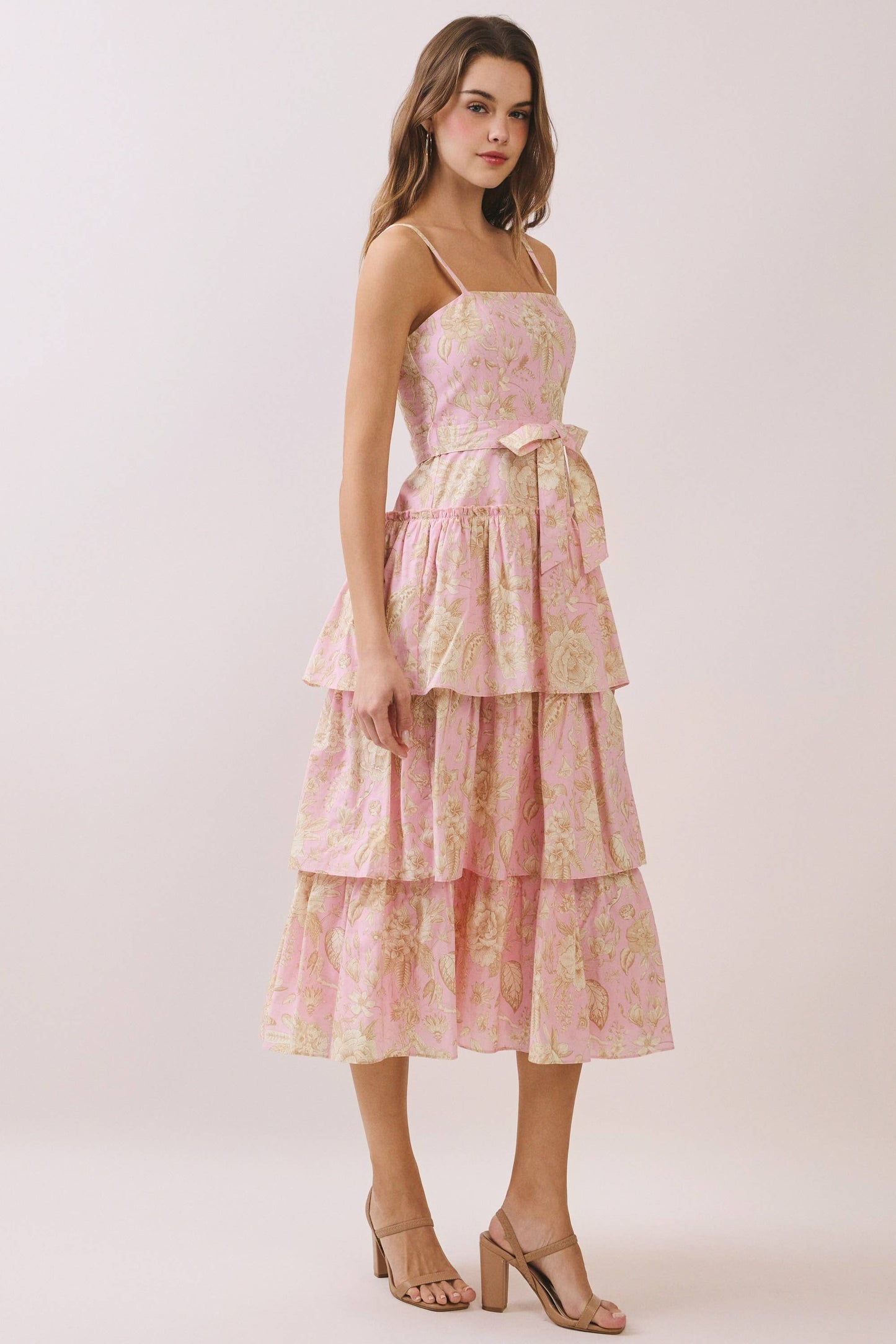 CD06782-Floral Print Square Neck Tiered Ruffle Midi Dress: Pink / L
