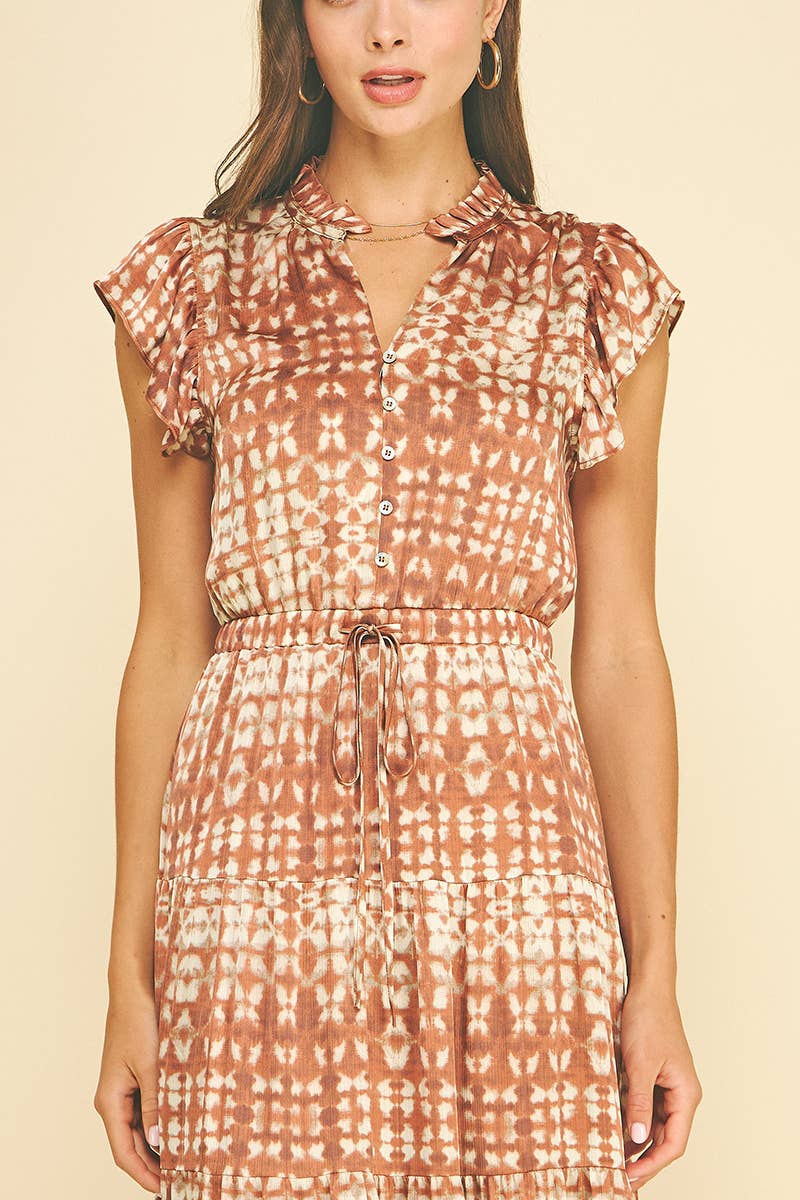 EYE-CATCHING PRINT TIERED MAXI DRESS - 6647DA: RUST / L