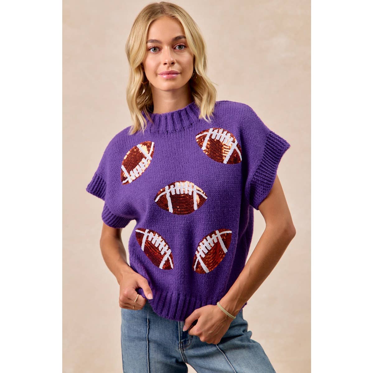 SEQUIN FOOTBALL PATCHES RIB BANDED SWEATER: OATMEAL / S