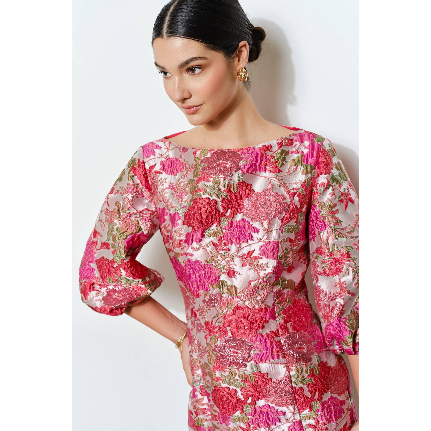Luxe Metallic Floral Jacquard 3/4 Puff Mini Dress: CORAL / L