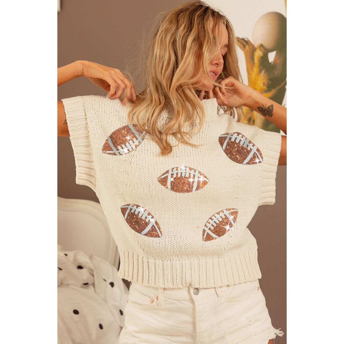 SEQUIN FOOTBALL PATCHES RIB BANDED SWEATER: OATMEAL / M