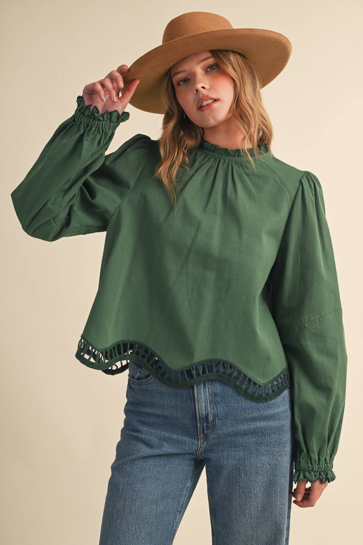 EMBROIDERED CUT-OUT HEM LONG SLEEVE TOP MTP5195: SAGE GARDEN / S