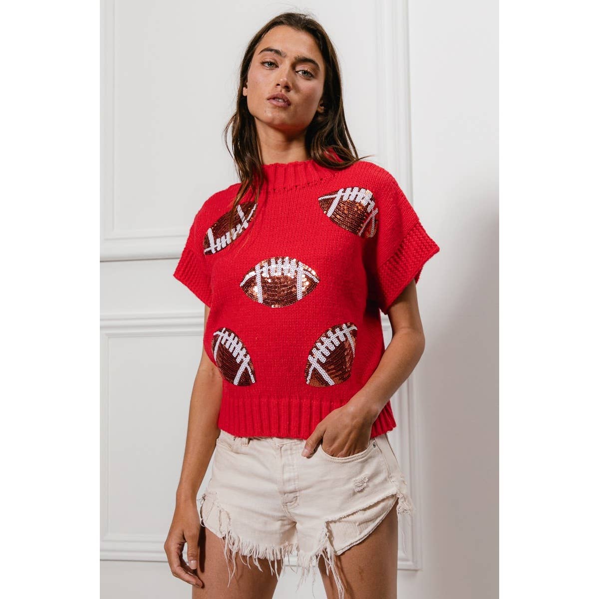 SEQUIN FOOTBALL PATCHES RIB BANDED SWEATER: OATMEAL / L