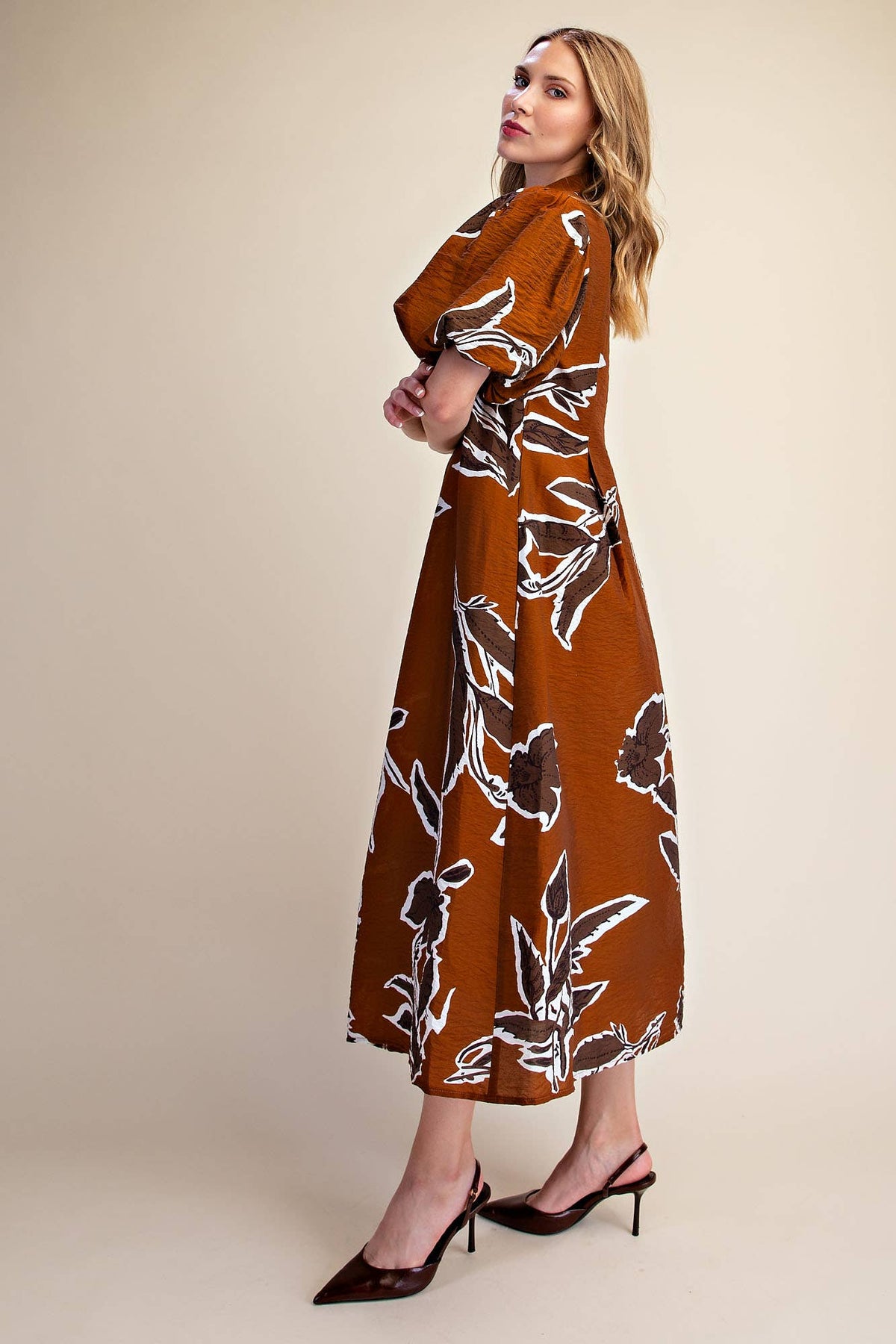 Fall/Winter Print Puff Sleeve Midi Dress : Rust / M