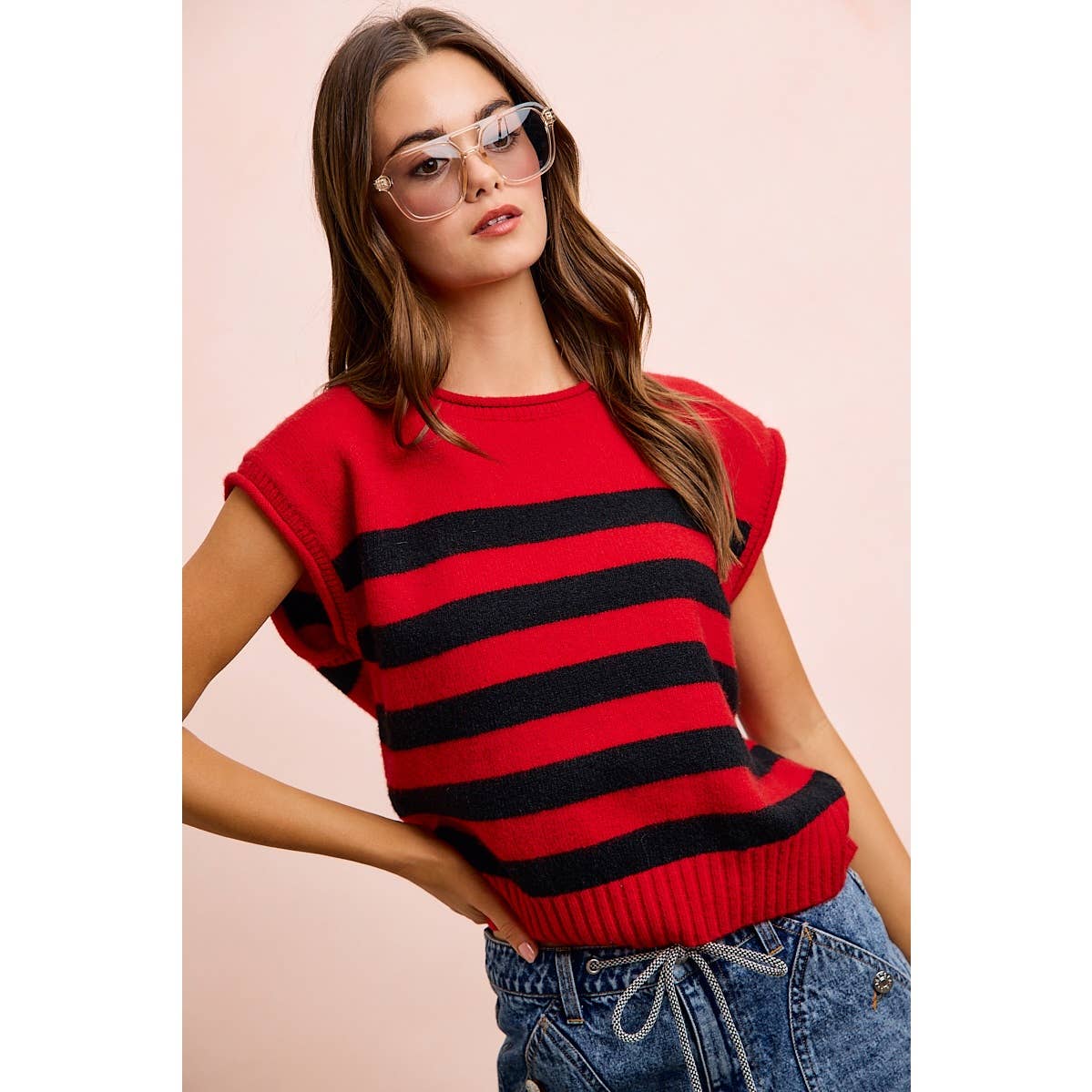 GAMEDAY THEME STRIPED SLEEVELESS KNIT TOP: RED/BLACK / S