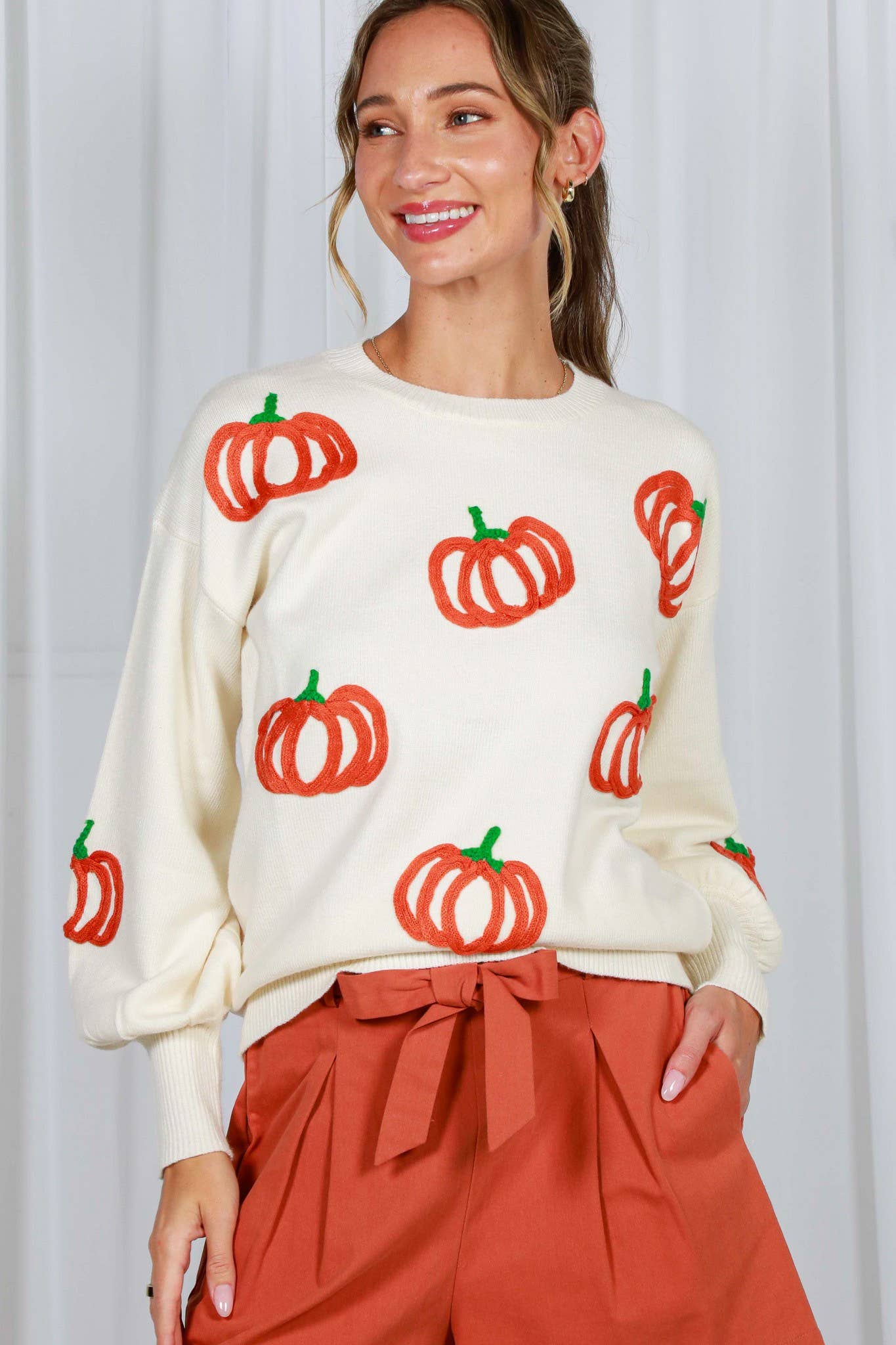 Pumpkin Embroidered Crew Neck Knitted Sweater Top VT82559: Cream / L