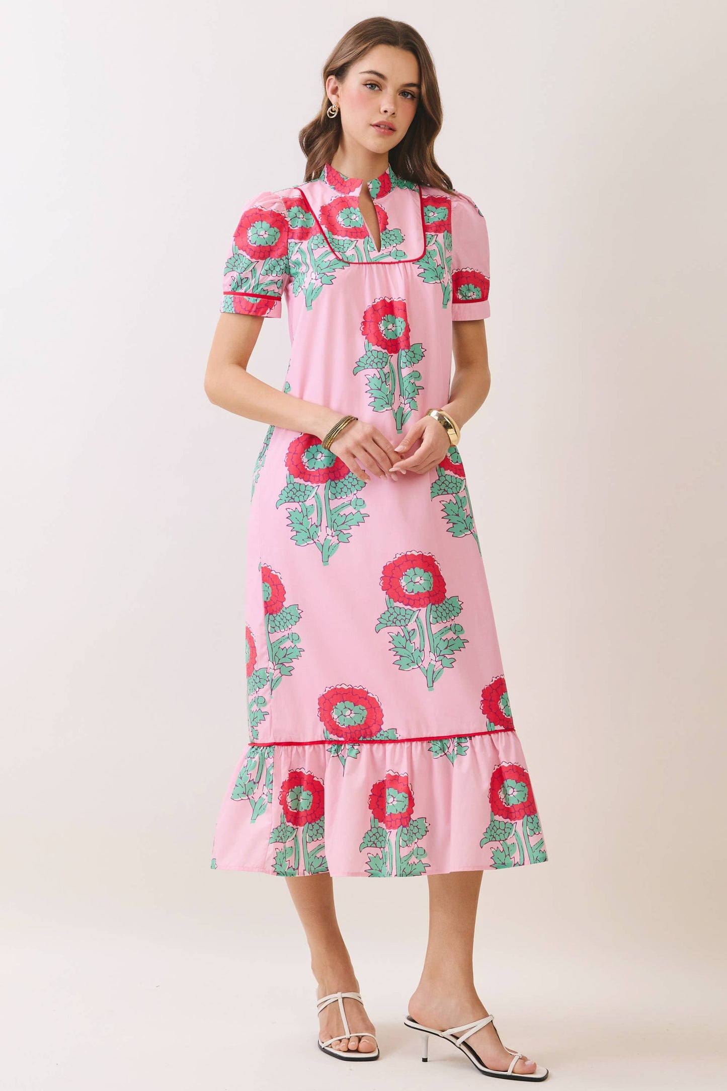 CD06976-Floral Print Mandarin Collar Midi Dress: Pink / S