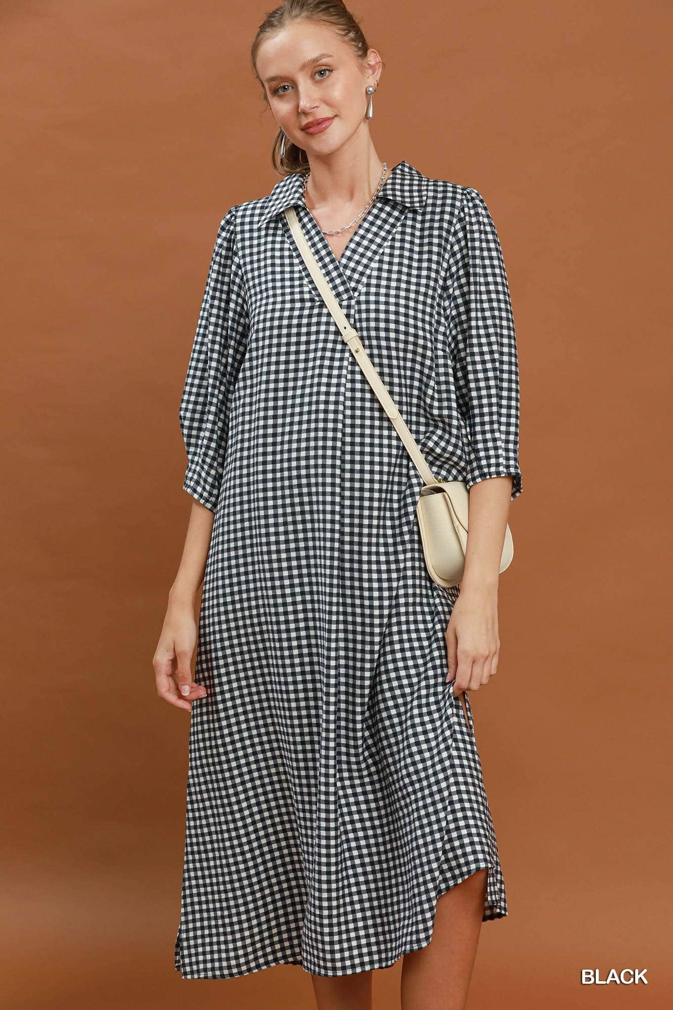 Gingham Check Collared Midi Dress: RED / 2-2-2(S-M-L)