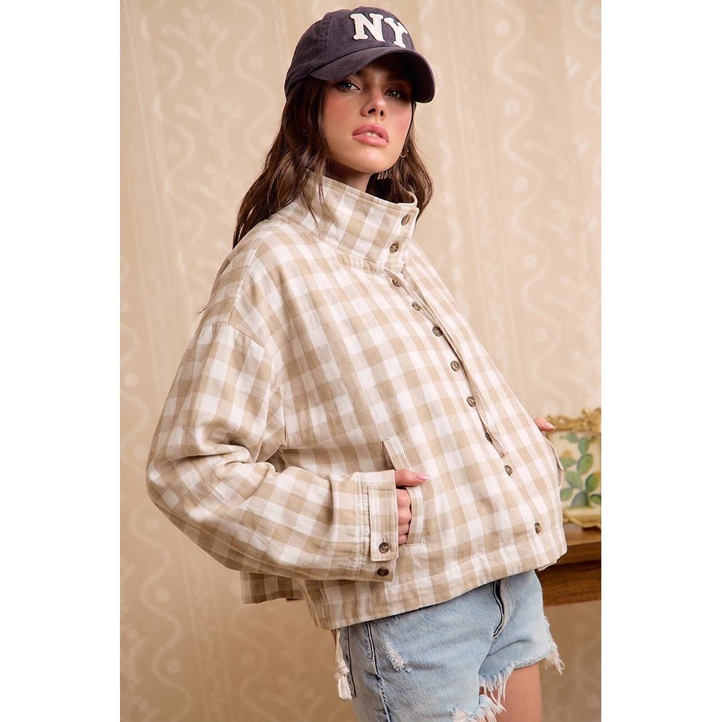 PRINTED HOODED WINDBREAKER JACKET TOP: MOCHA GINGHAM / XL