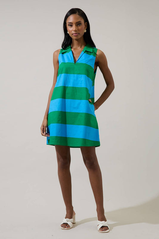 Valdy Striped Lexya Collared Shift Mini Dress: BLUE-GRN-STRIPE / M