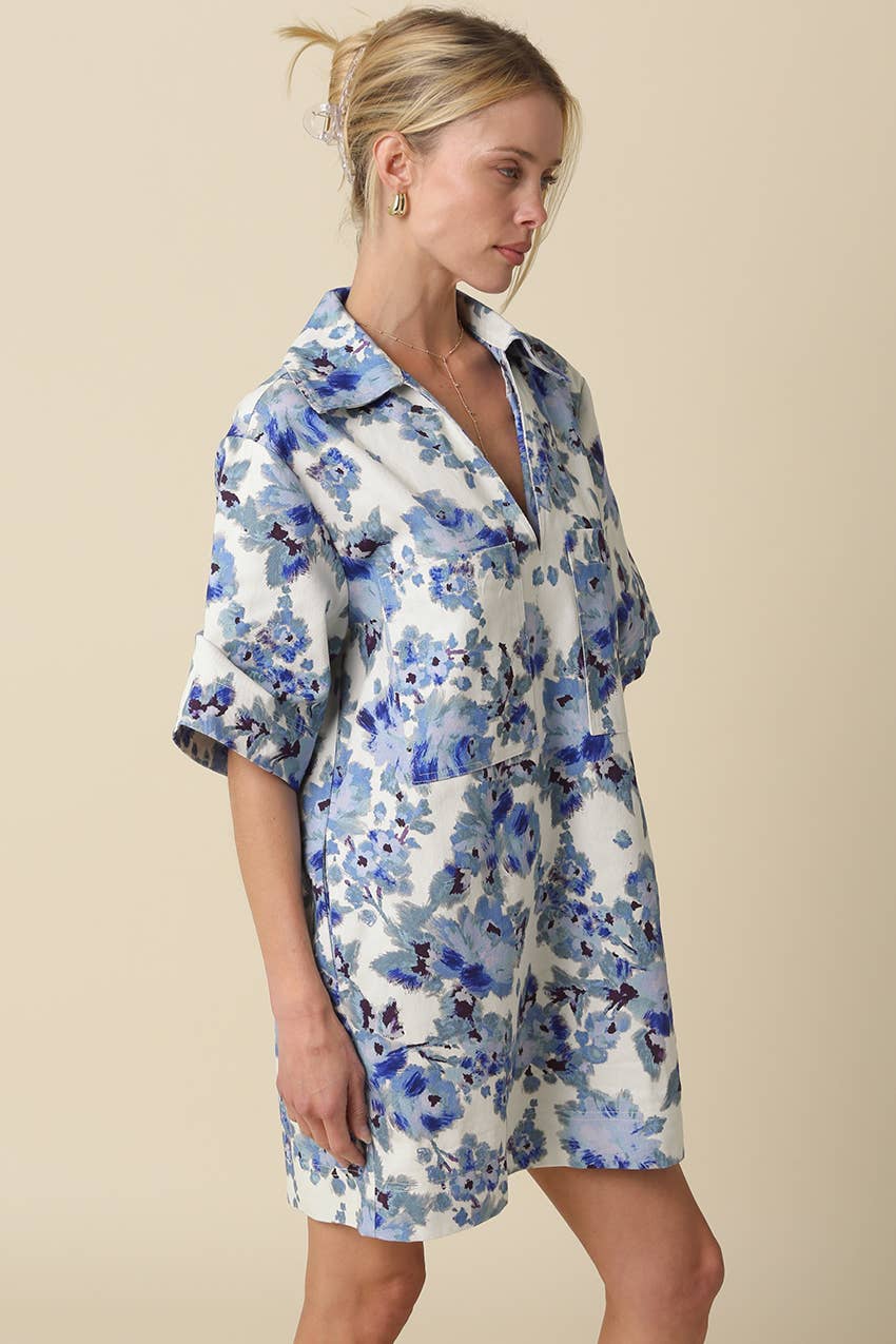 Carley Floral Collared Dress: Natural Blue / Contemporary / M