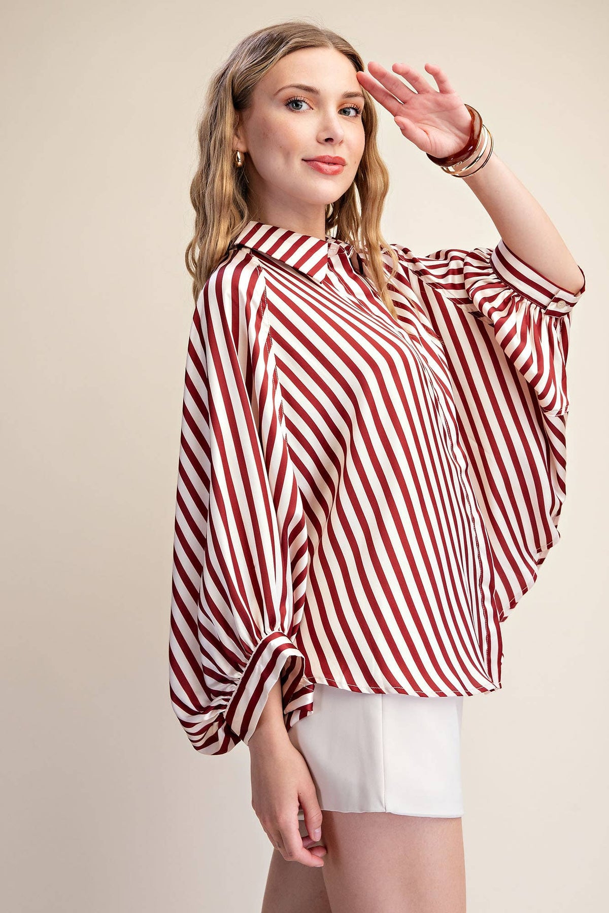 Stripe Wide Puff Sleeve Buttondown Shirt: Olive / L