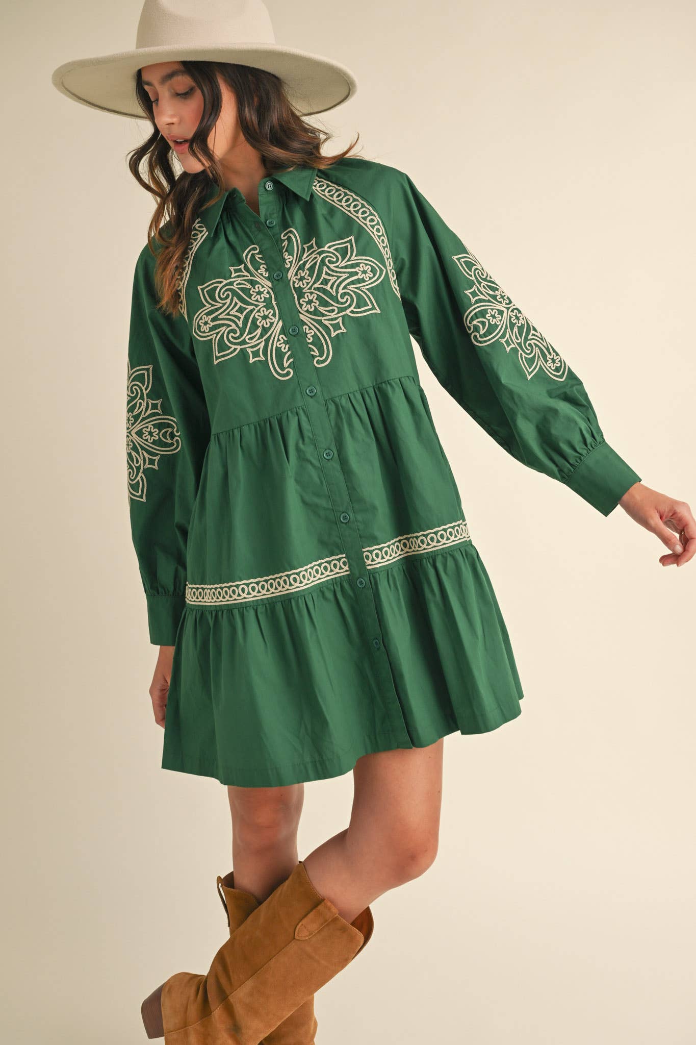 EMBROIDERED BUTTON DOWN MINI DRESS MDR3513: Hunter Green / M