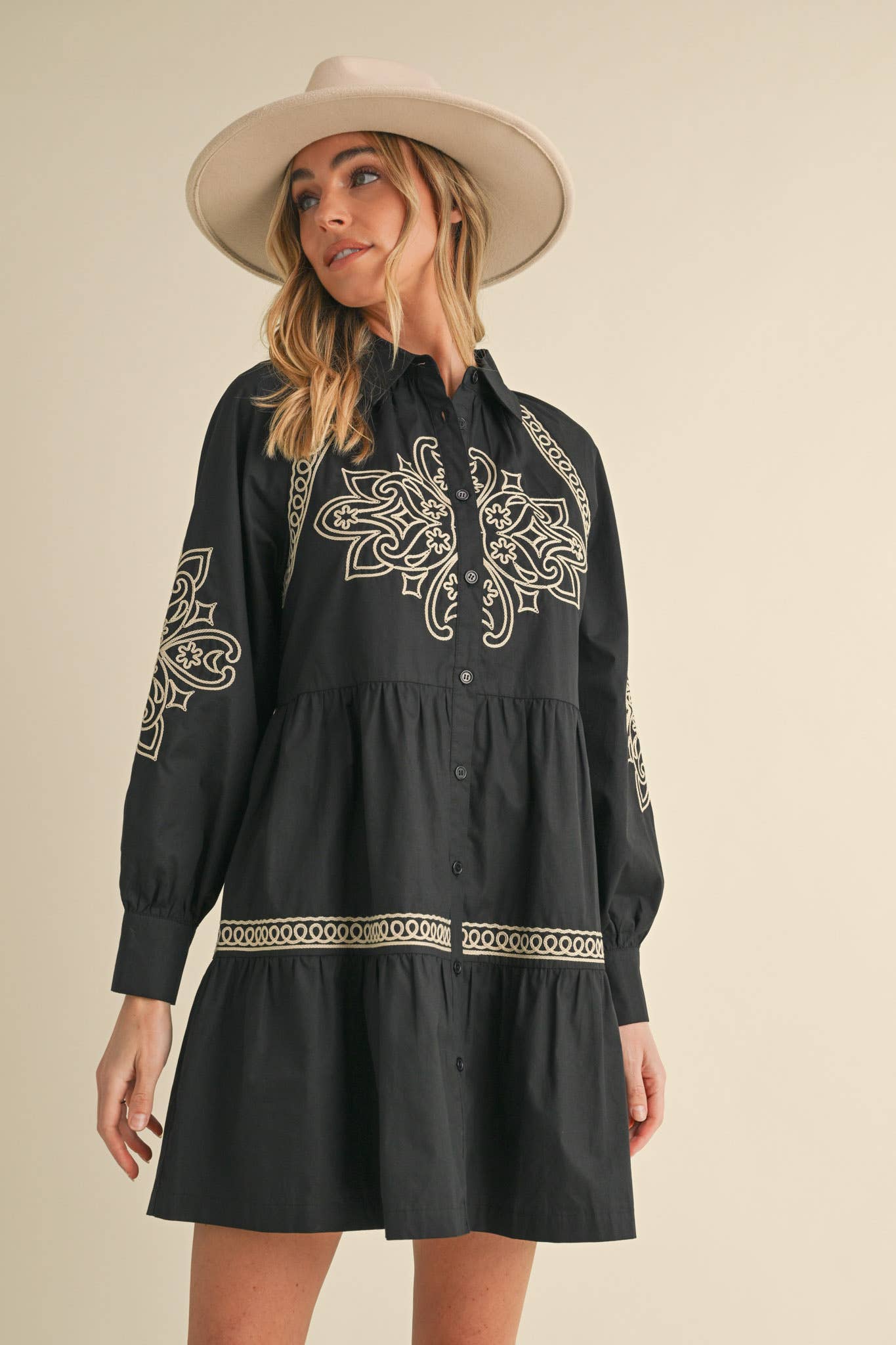 EMBROIDERED BUTTON DOWN MINI DRESS MDR3513: Hunter Green / M