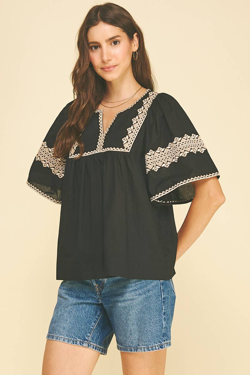 BOHO EMBROIDRED PUFF SLEEVE BLOUSE - 7132T: Blue / L