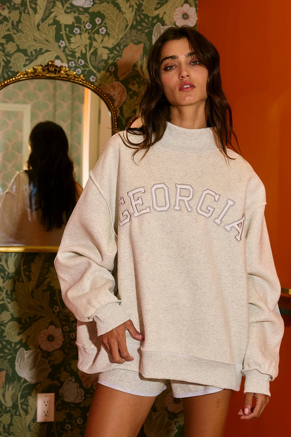 IT2594E-GEORGIA 'GEORGIA' Embroidered Mock Neck Sweatshirt: ASH GREY / S/M-L/XL (3-3)
