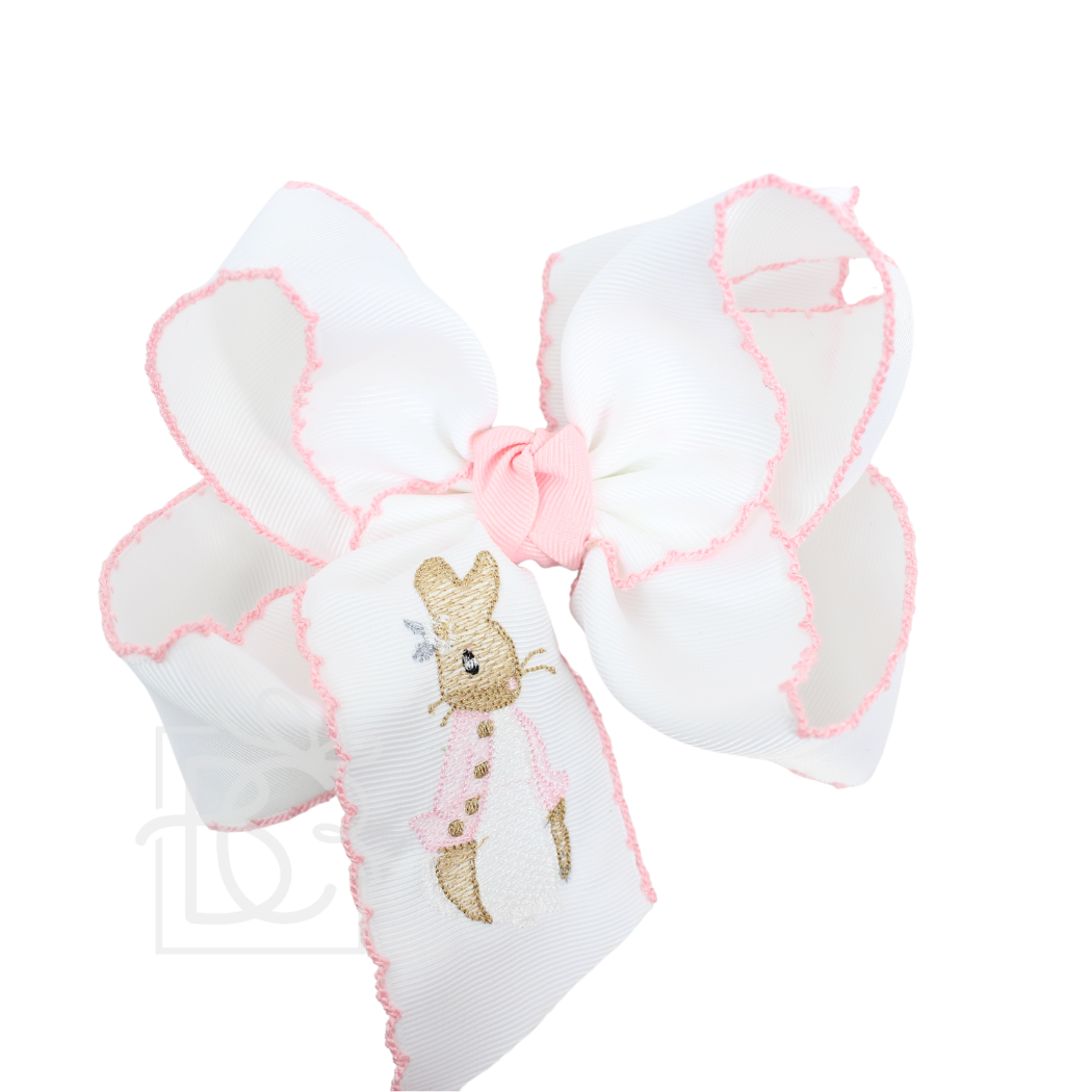 EMBROIDERED EASTER CROCHET EDGE BOWS: White w/ Light Pink Crochet Edge
