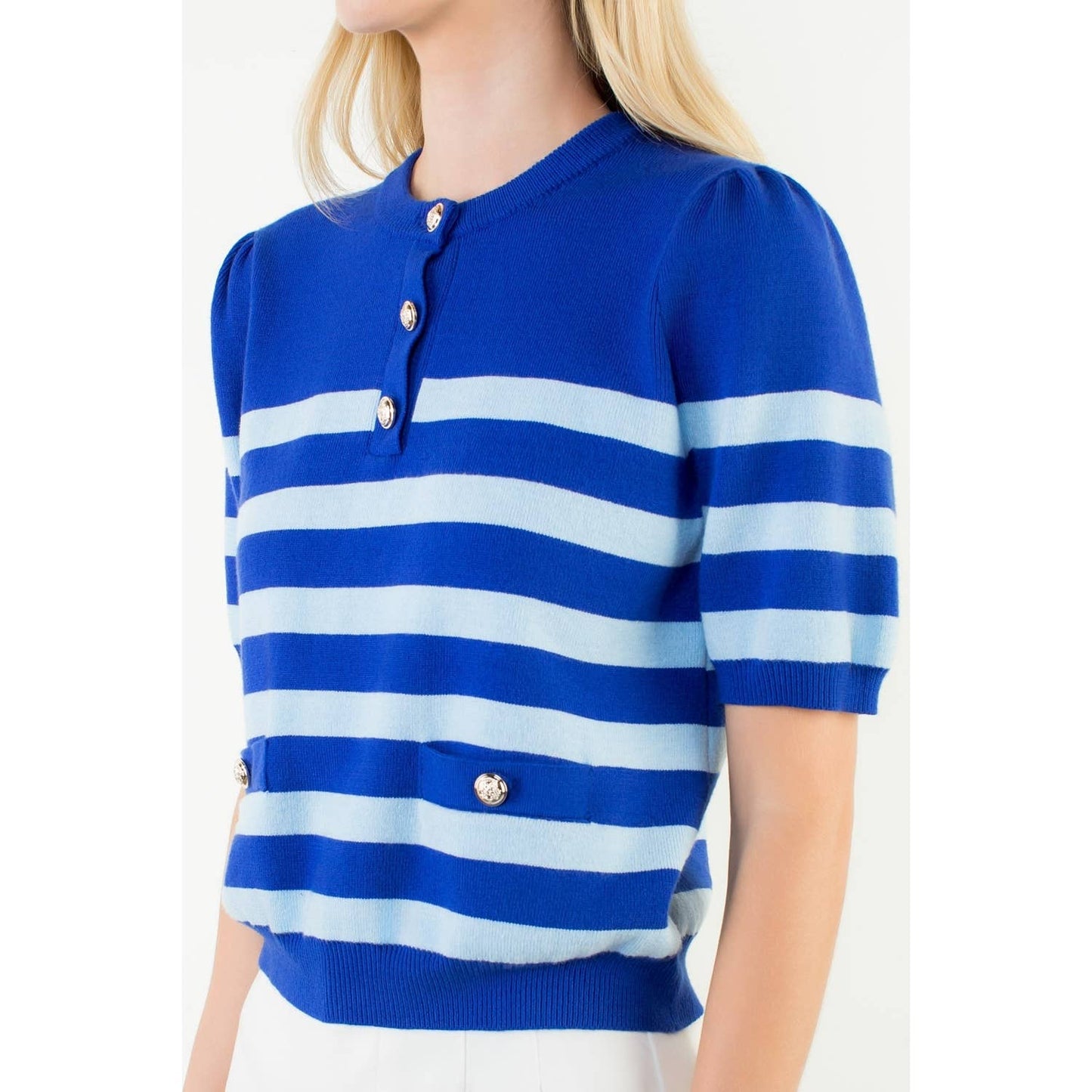 Short Sleeve Striped Knit Top: BLUE / XS-S-M-L(1-2-2-1)
