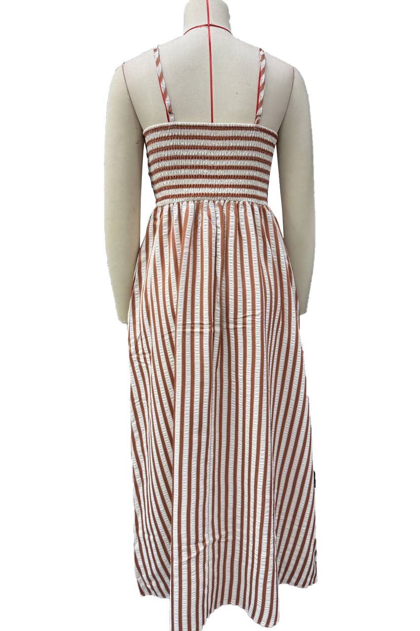 Striped Vacation Maxi Dress with Pockets: Coffee / Missy / M