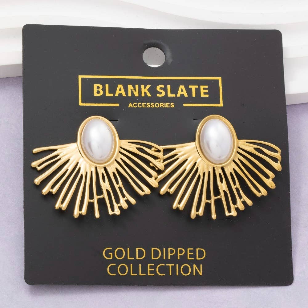 Gold Dipped Pearl Center Fan Ray Stud Earrings: G