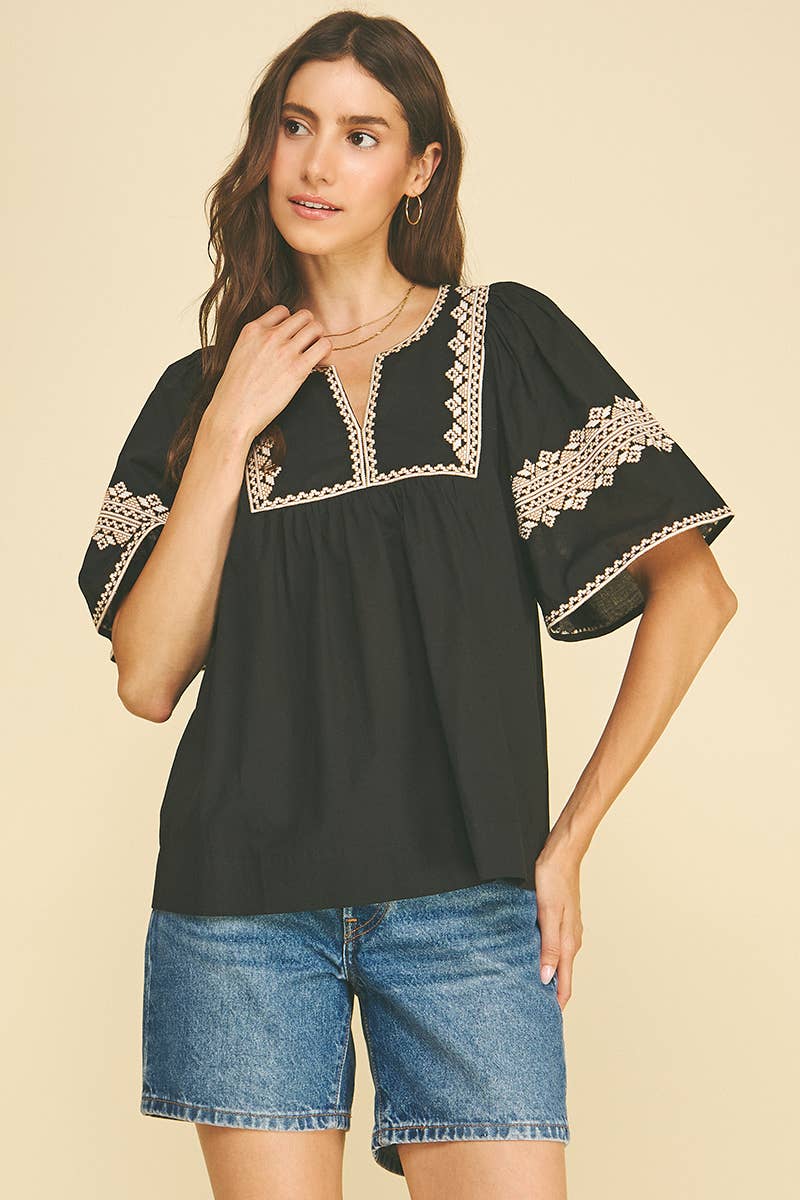 BOHO EMBROIDRED PUFF SLEEVE BLOUSE - 7132T: Blue / M