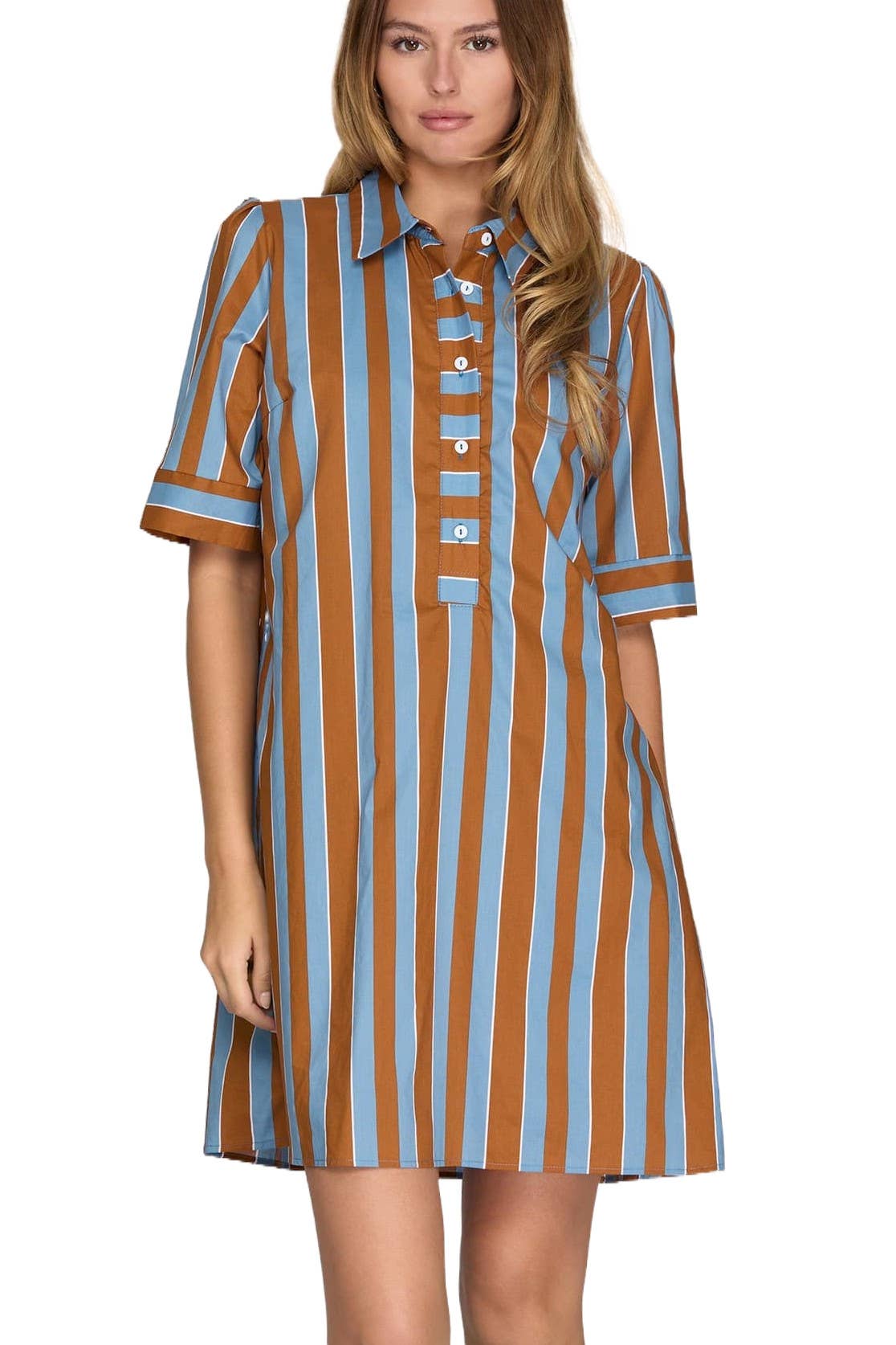 Short Sleeve Striped Mini Dress: SEA GREEN/LT BLUE / 2-2-2(S-M-L)