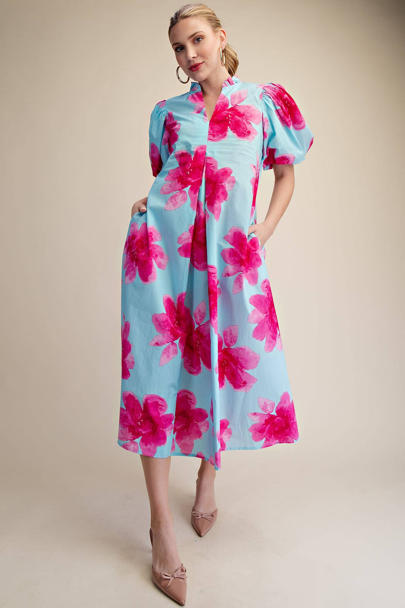 Ruffle V-Neck Puff Sleeve Waist Pleated Midi Dress: Sky / S
