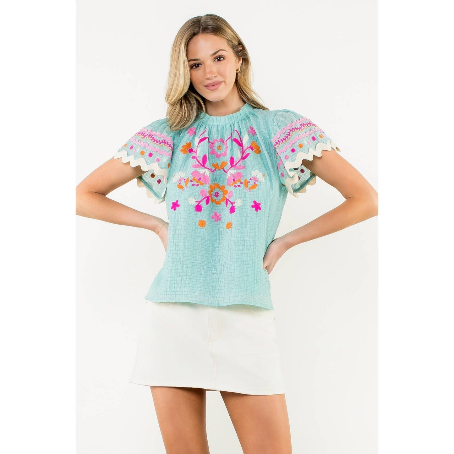 Flutter Sleeve Embroidered Detail Textured Top: AQUA / XS-S-M-L(1-2-2-1)