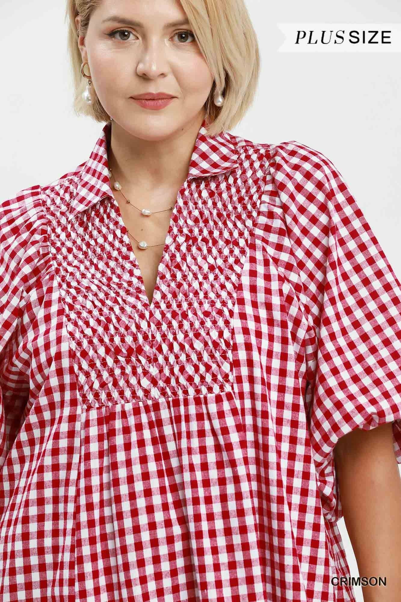 Plus Puff Sleeve Plaid Midi Dress: CRIMSON / 1-1-1(XL-1XL-2XL)