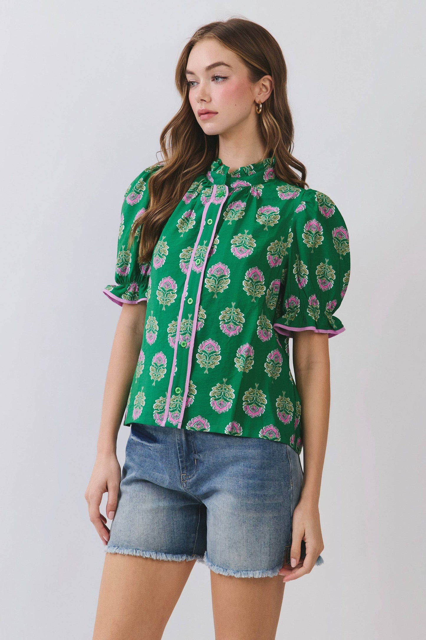 CT9993-Floral Block Print Ruffle Neck Puff Sleeve Top: Green / M