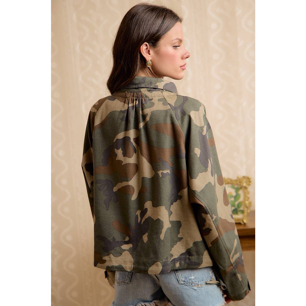 PRINTED HOODED WINDBREAKER JACKET TOP: MOCHA GINGHAM / S