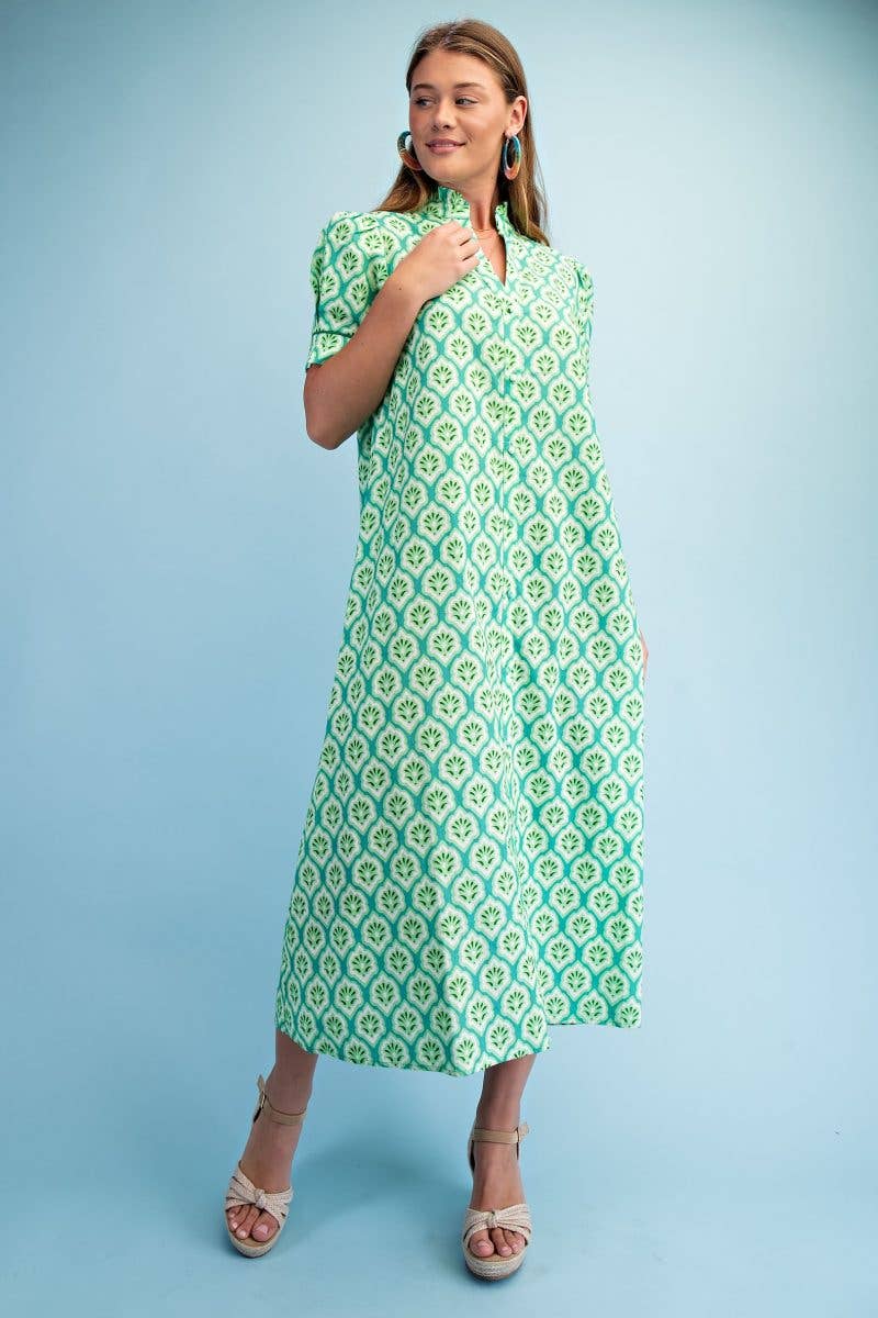 Bright Printed Button Down Midi Dress: SAPPHIRE MIX / 2-2-2(S-M-L)