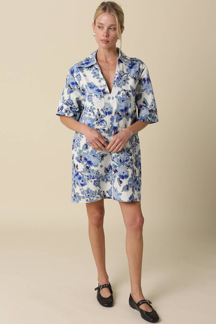 Carley Floral Collared Dress: Natural Blue / Contemporary / S