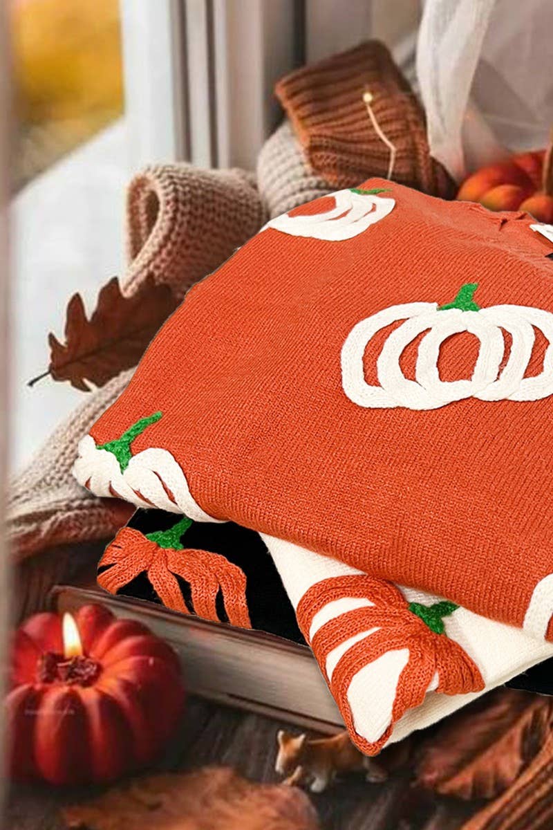 Pumpkin Embroidered Crew Neck Knitted Sweater Top VT82559: Cream / M