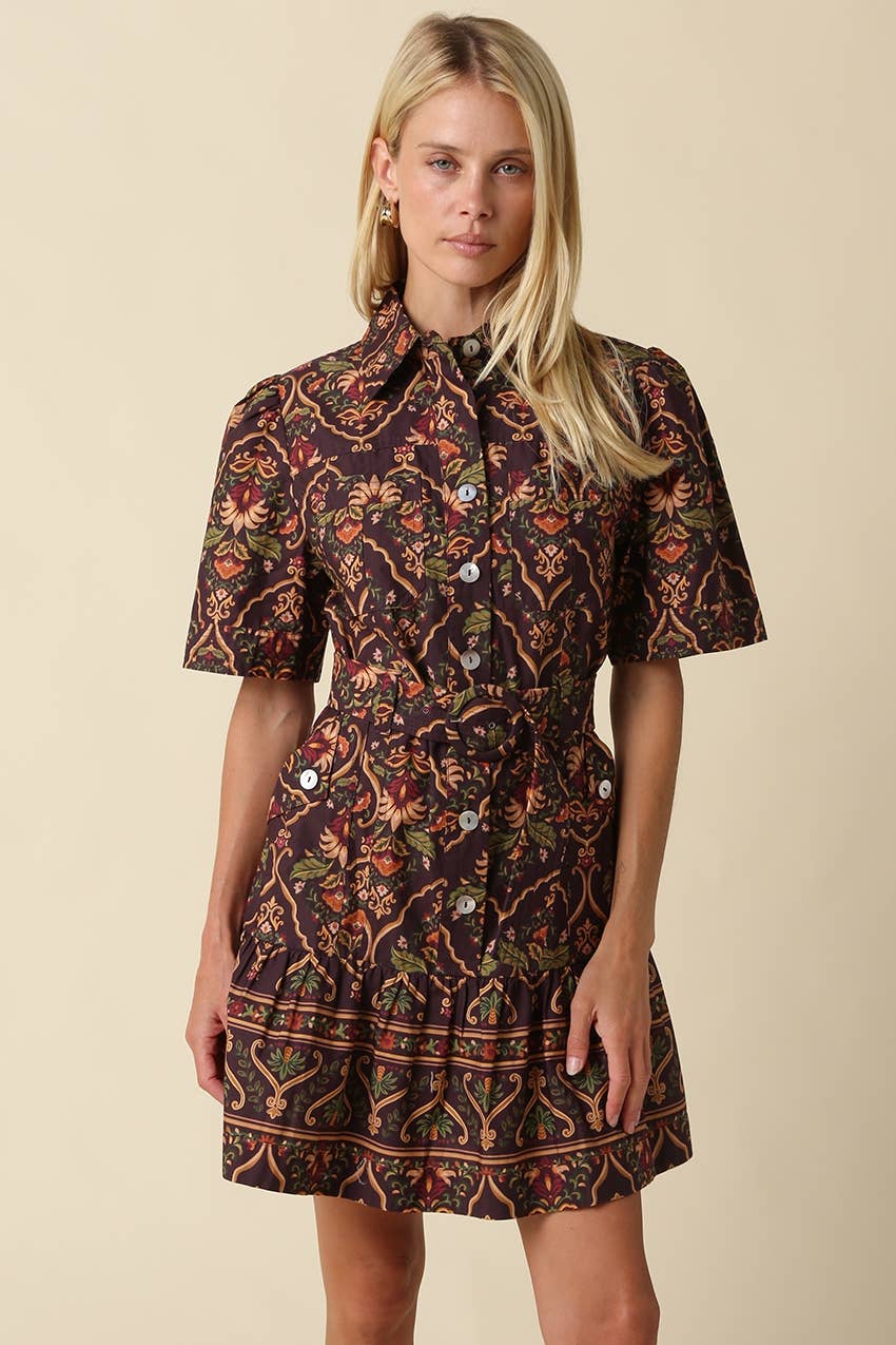 Belen Paisley Belted Mini Dress: CHOCOLATE MULTI / L