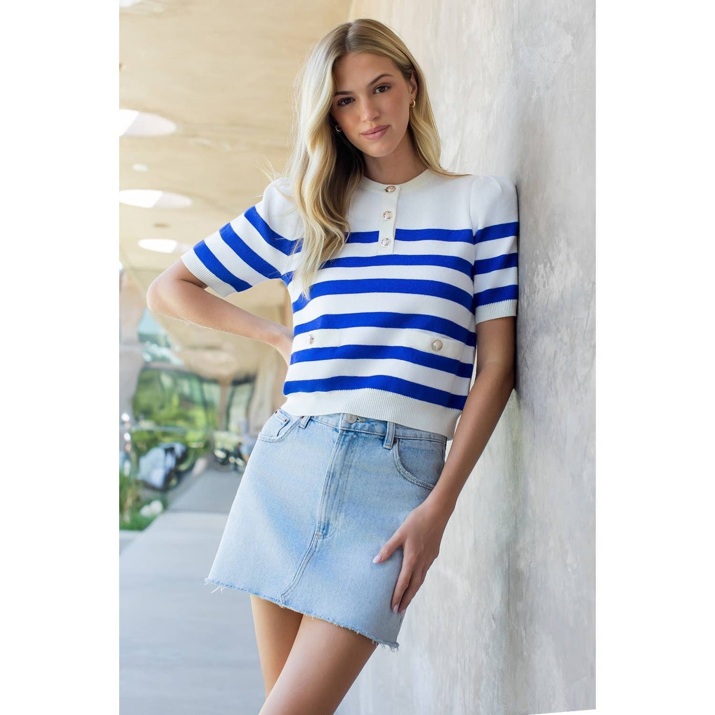 Short Sleeve Striped Knit Top: ORANGE / XS-S-M-L(1-2-2-1)